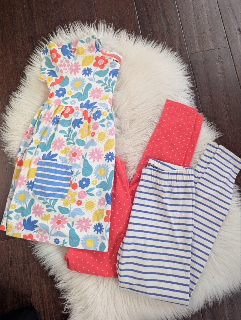 Bundle! Mini Boden Short Sleeve Floral Dress 2 Pairs Leggings Polka Dot Striped